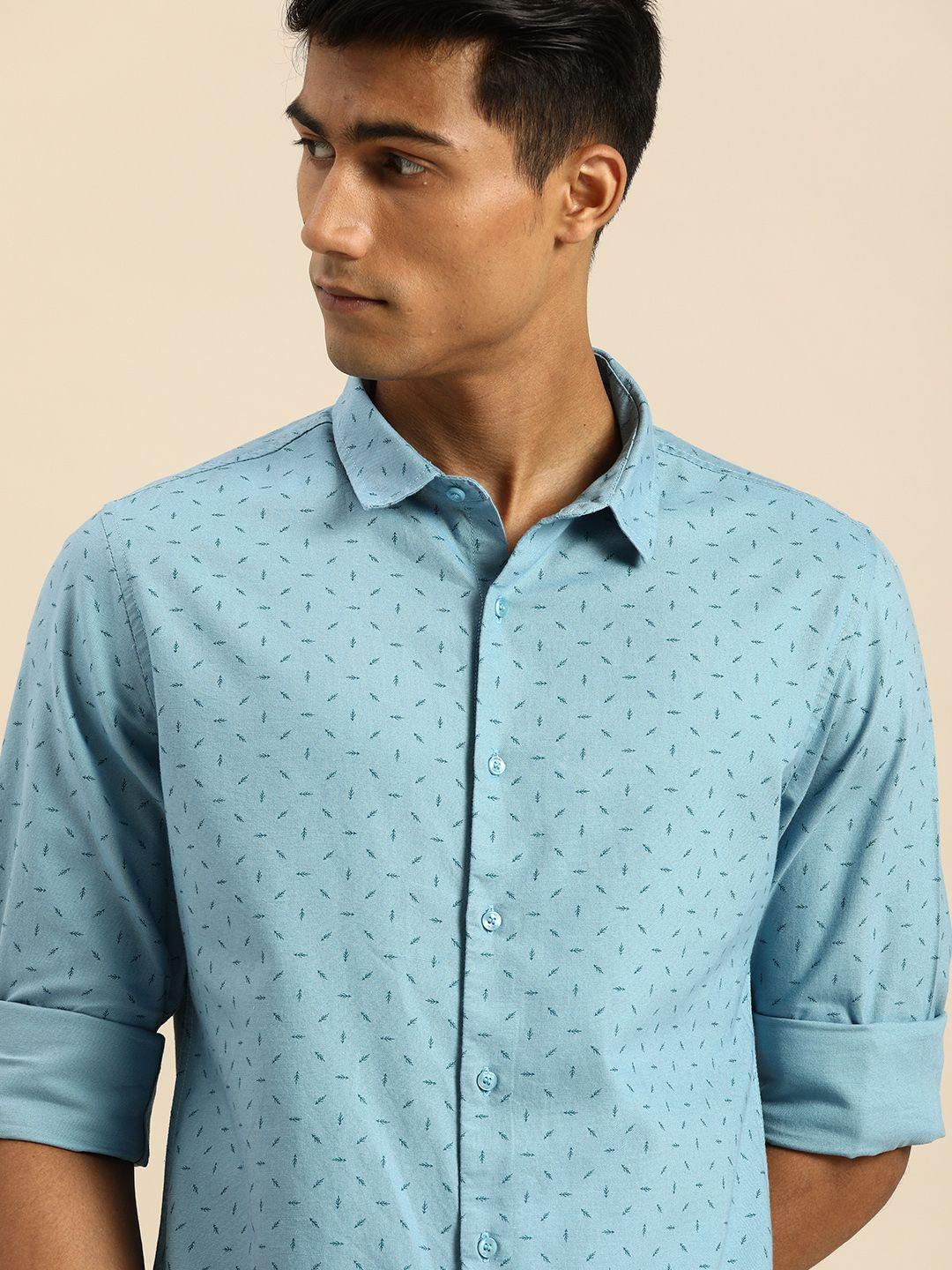 ether men blue printed pure cotton casual shirt