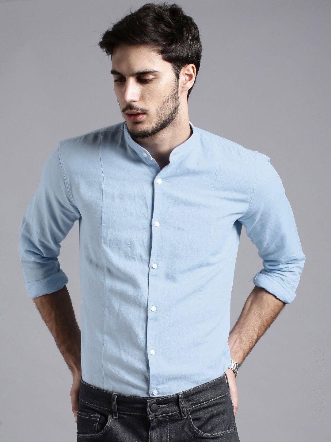 ether men blue regular fit anti microbial cotton linen casual shirt