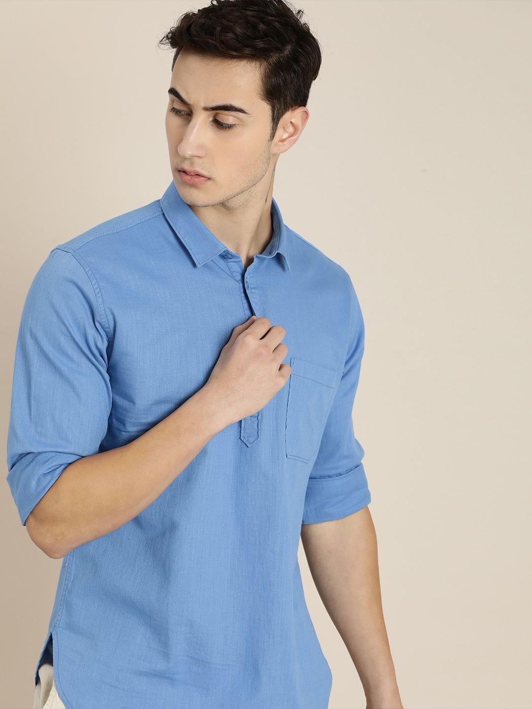 ether men blue solid pure cotton casual shirt