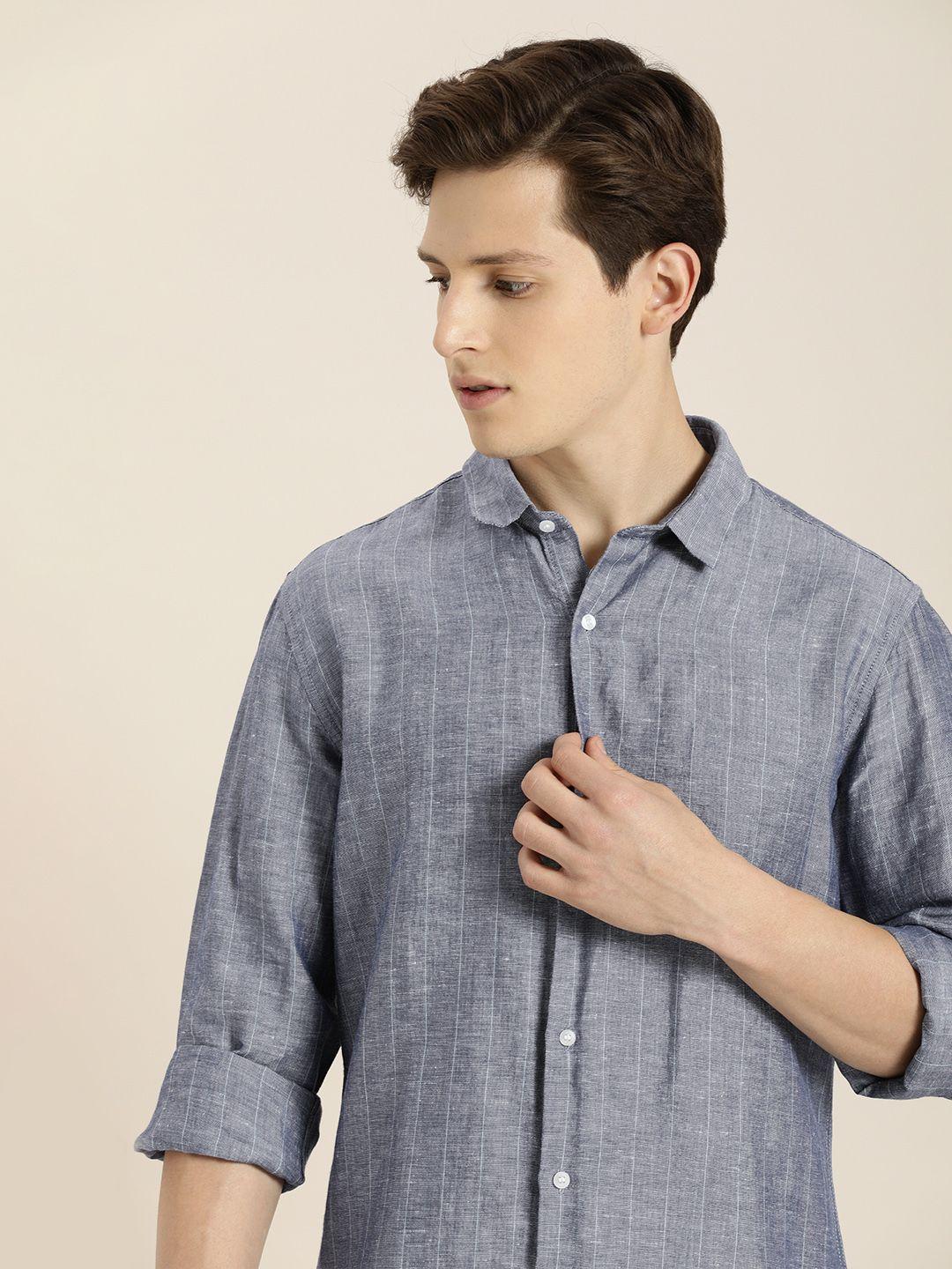 ether men blue striped casual shirt