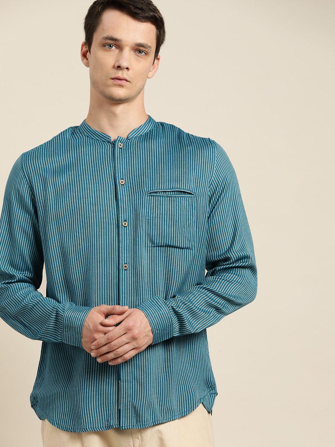 ether men blue striped opaque casual cotton handloom shirt