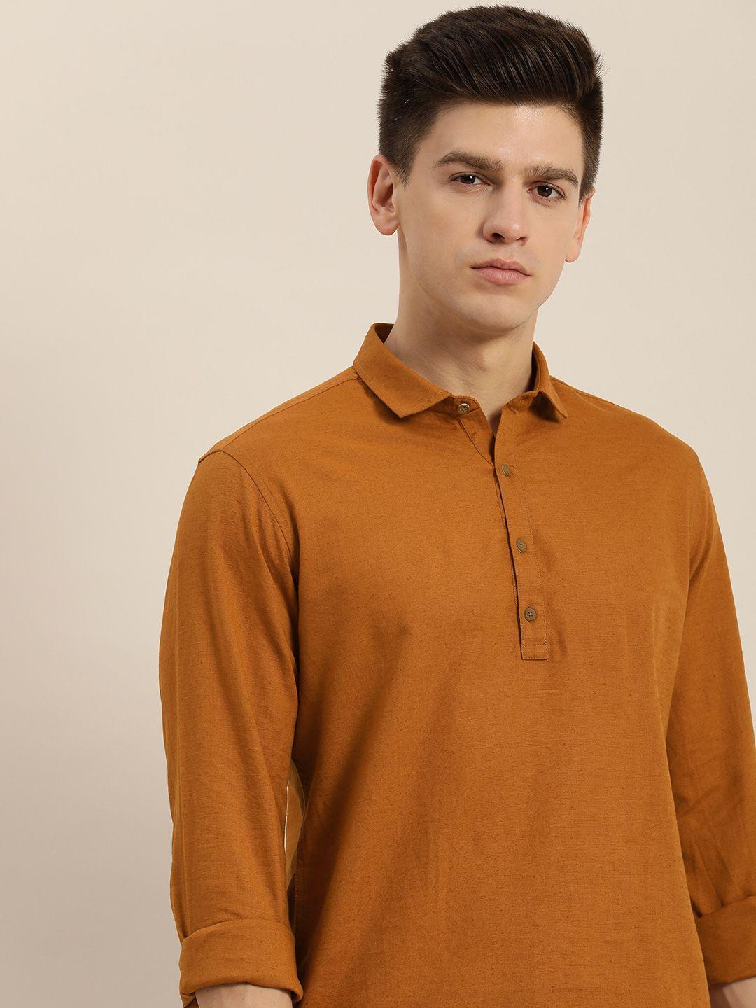 ether men brown solid  regular fit cotton linen casual shirt