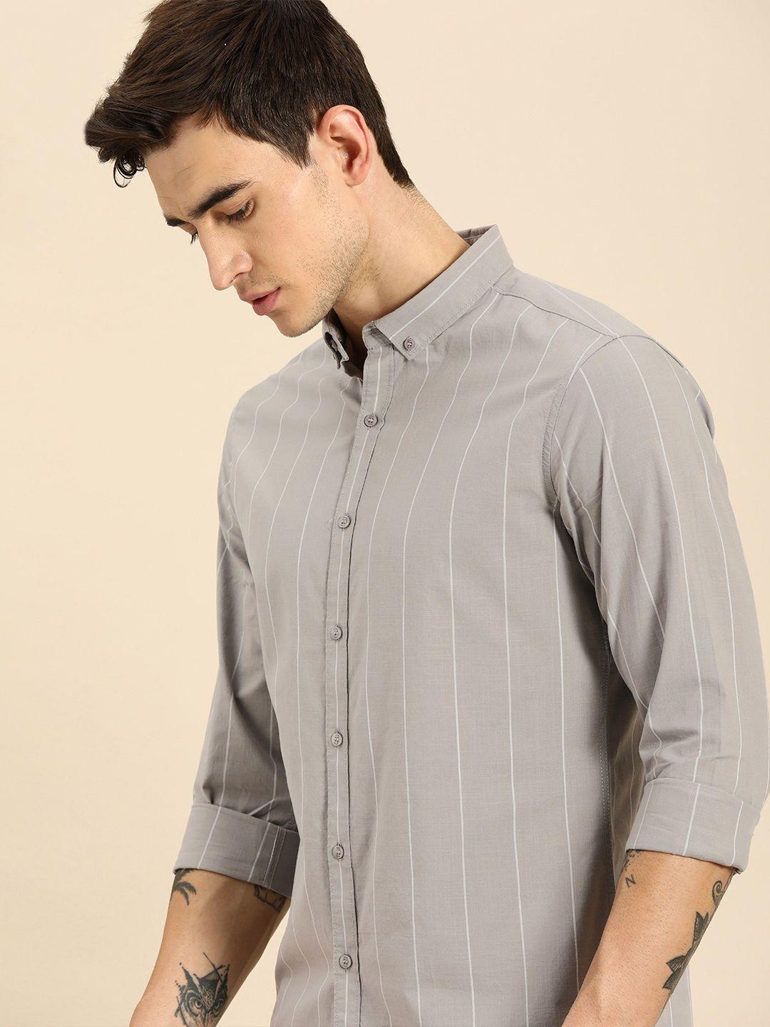 ether men grey & off-white regular fit striped casual shirt