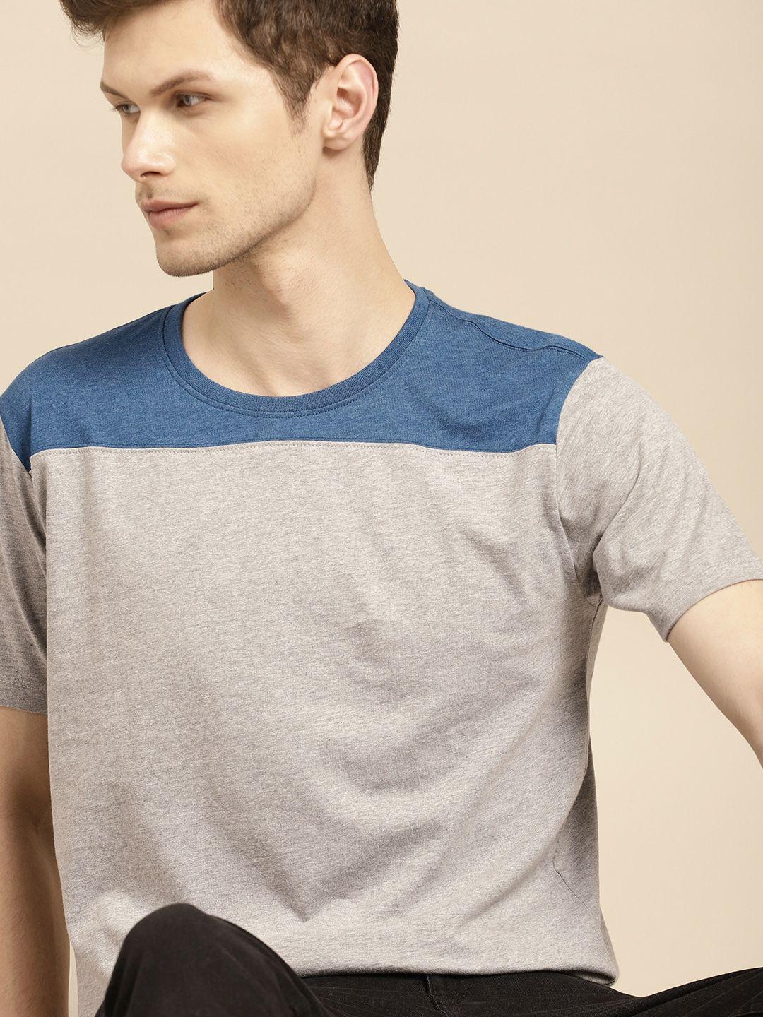 ether men grey melange & blue colourblocked round neck t-shirt