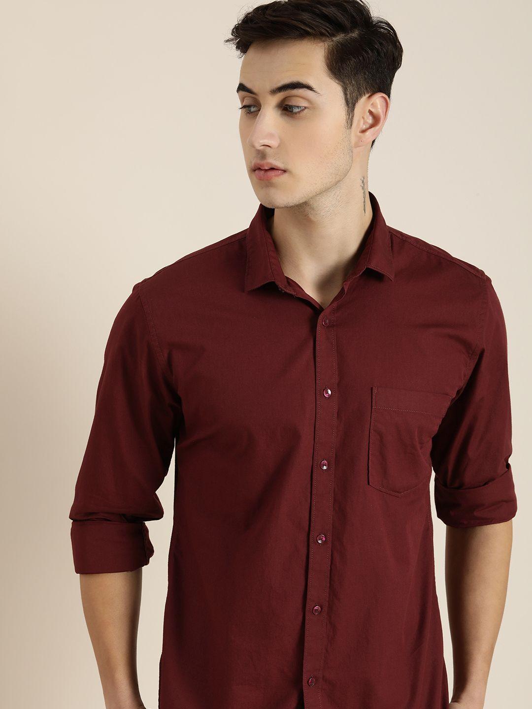 ether men maroon solid pure cotton casual shirt