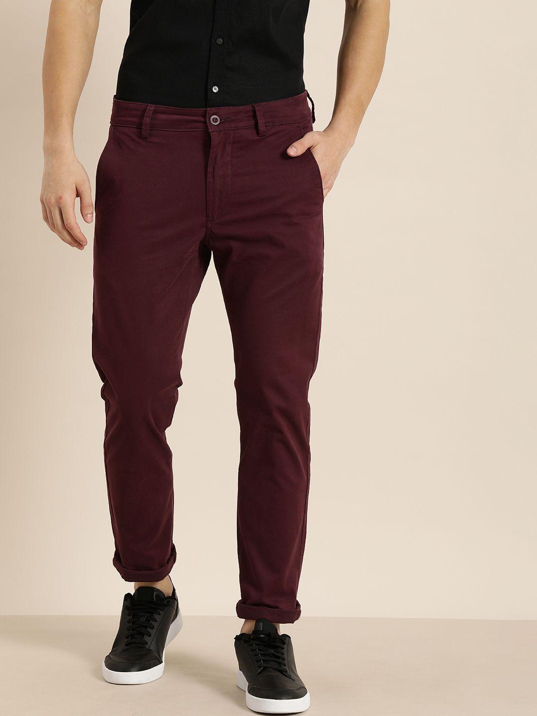 ether men maroon solid regular fit chinos trousers