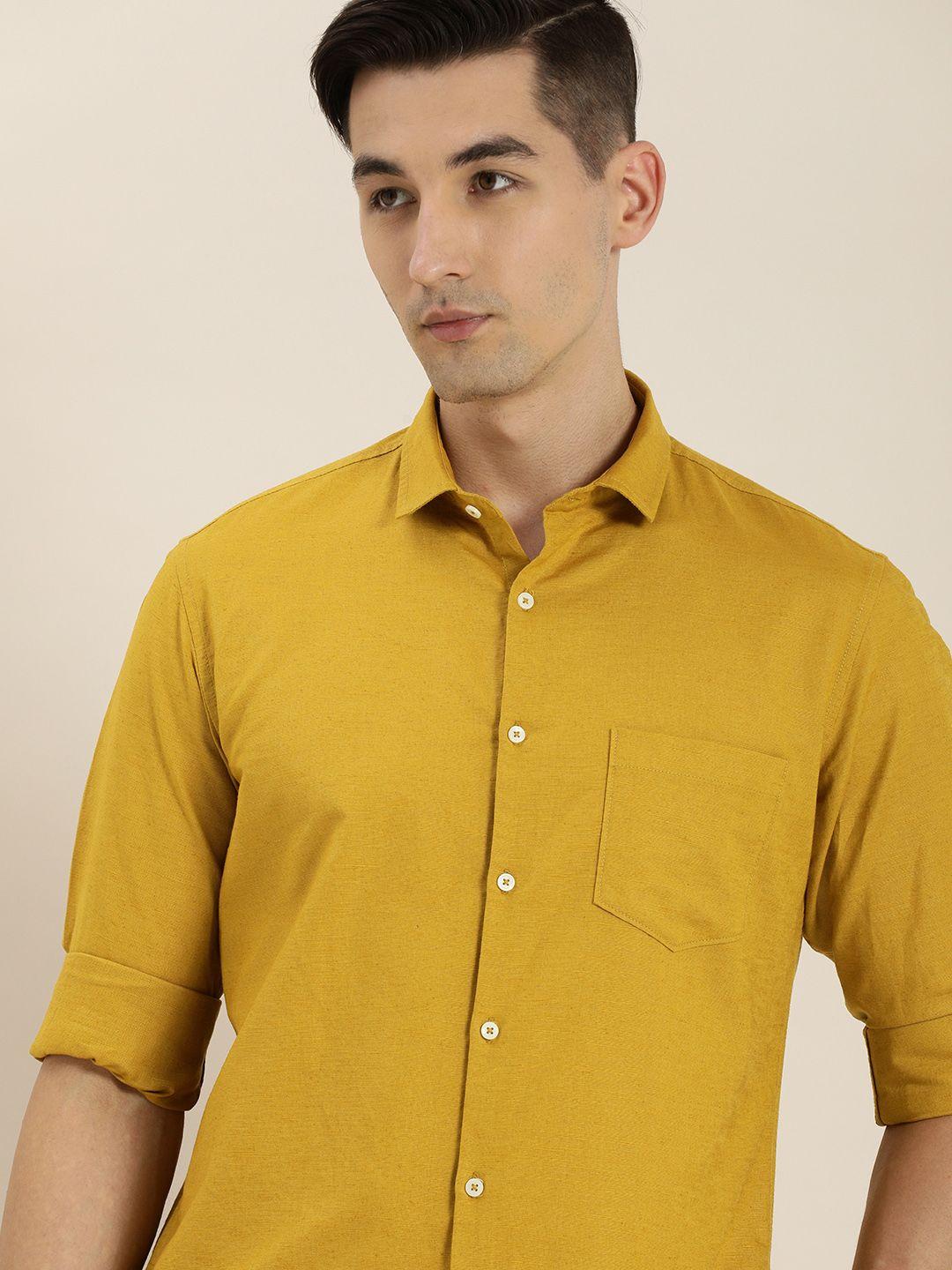 ether men mustard solid cotton linen slim fit casual shirt