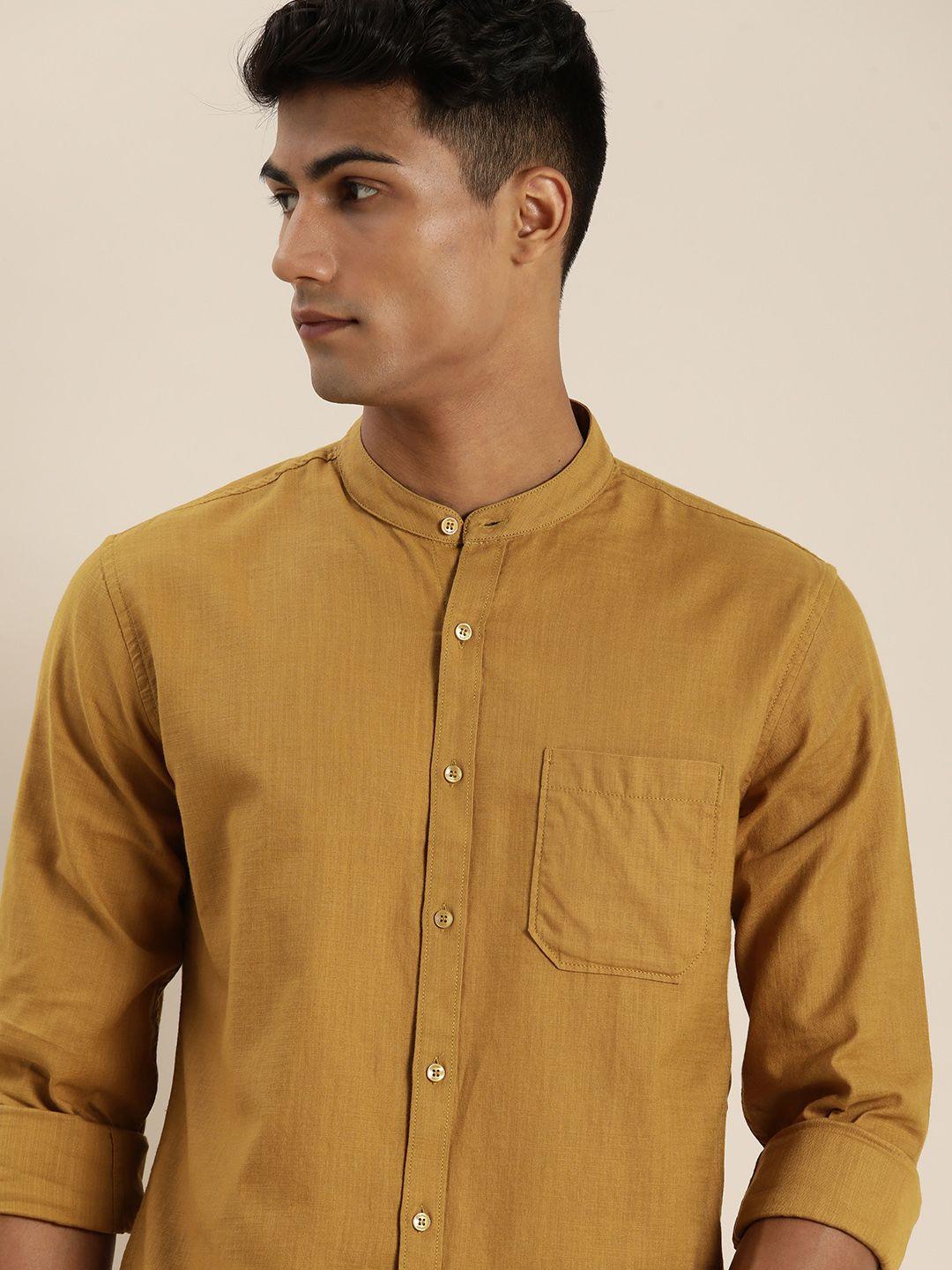 ether men mustard yellow solid mandarin collar pure cotton casual shirt