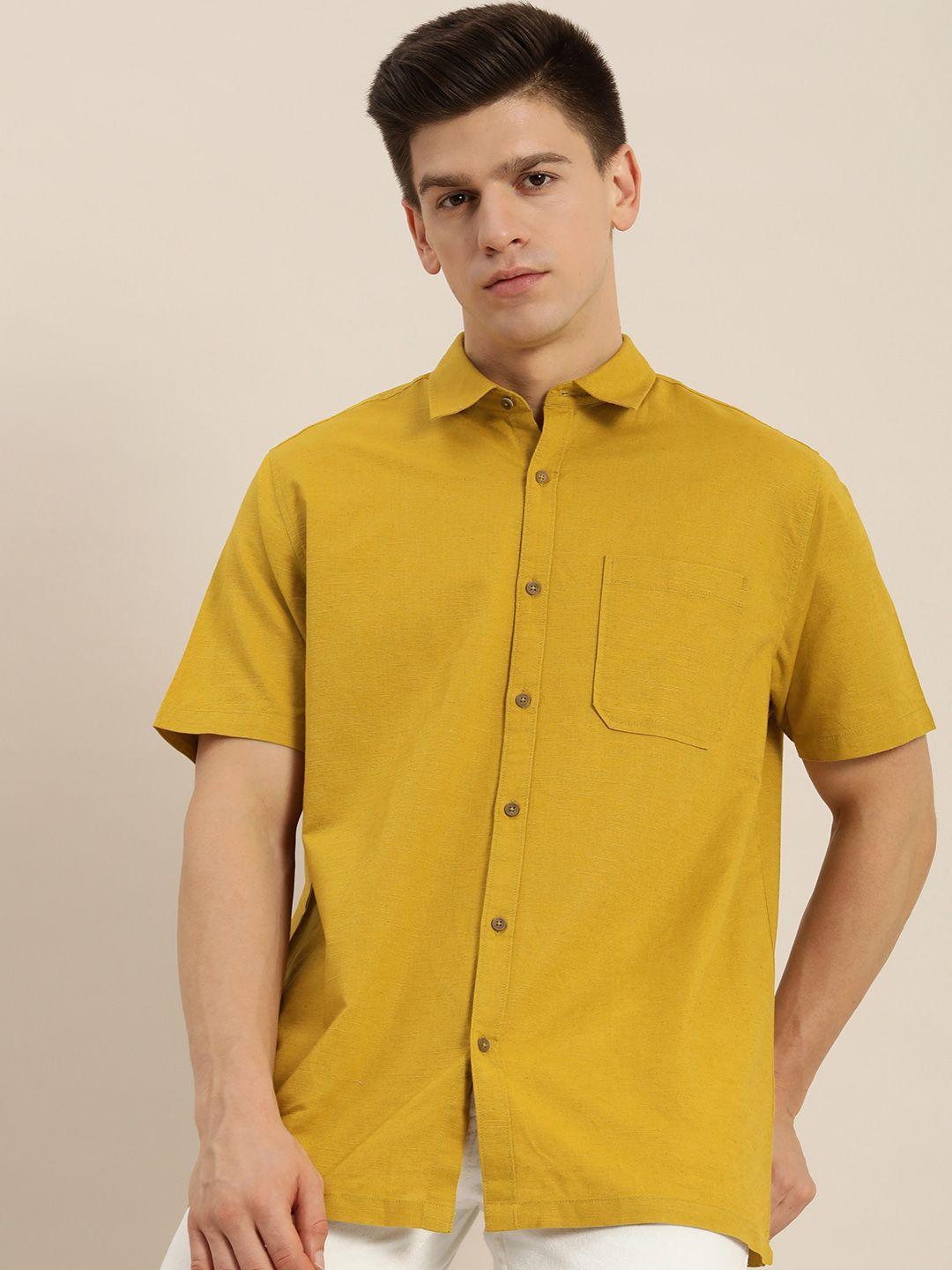 ether men mustard yellow solid regular fit cotton linen casual shirt