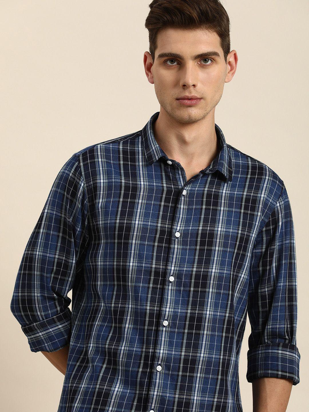 ether men navy blue & white checked pure cotton casual shirt