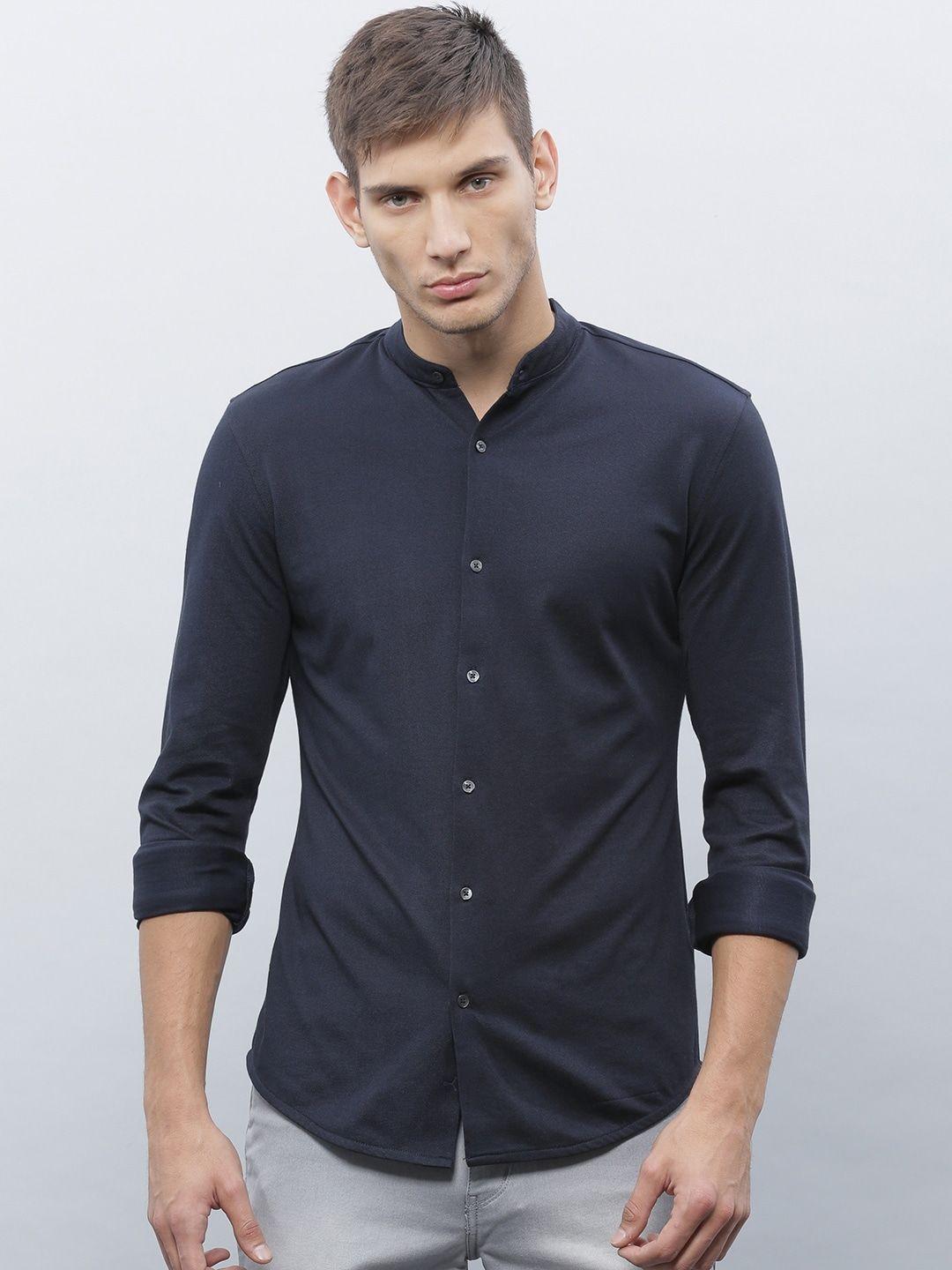 ether men navy blue knitted regular fit casual shirt