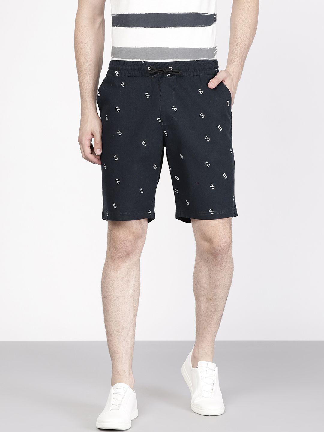 ether men navy blue printed regular fit regular shorts