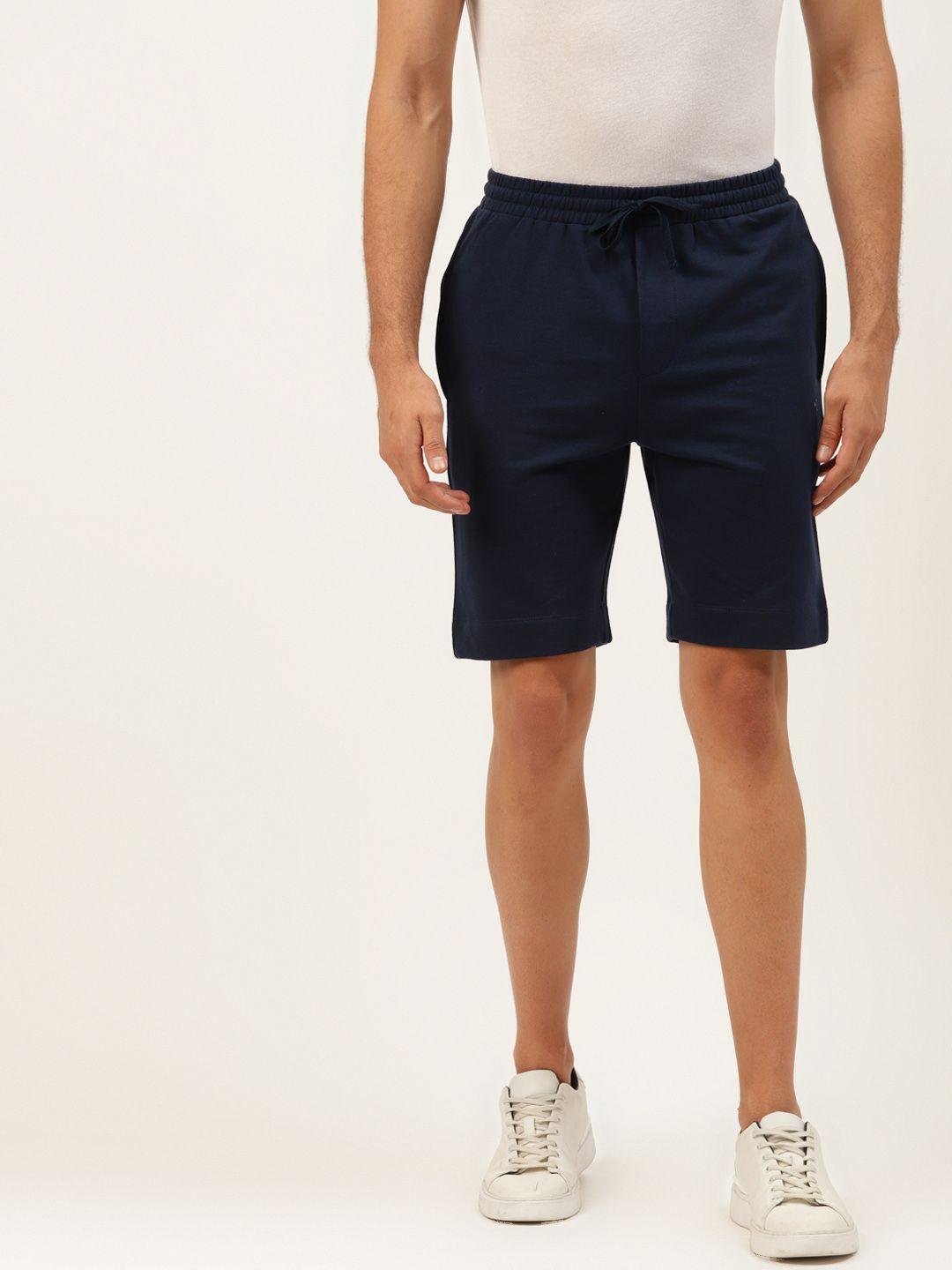 ether men navy blue pure cotton solid mid-rise regular shorts