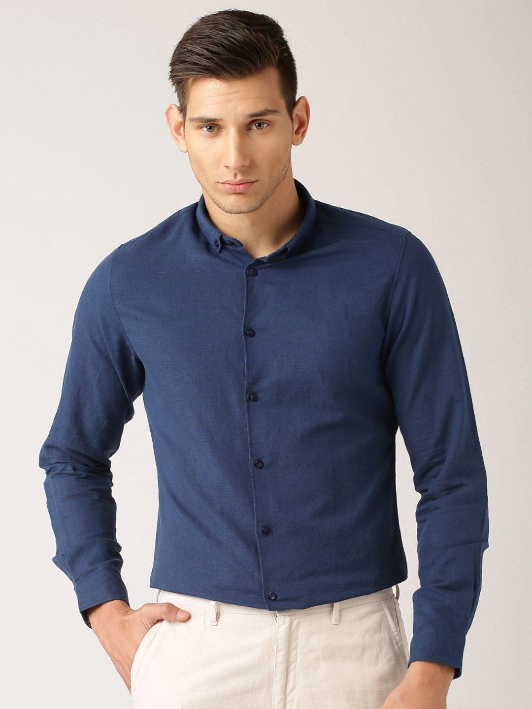 ether men navy blue regular fit anti microbial cotton linen shirt