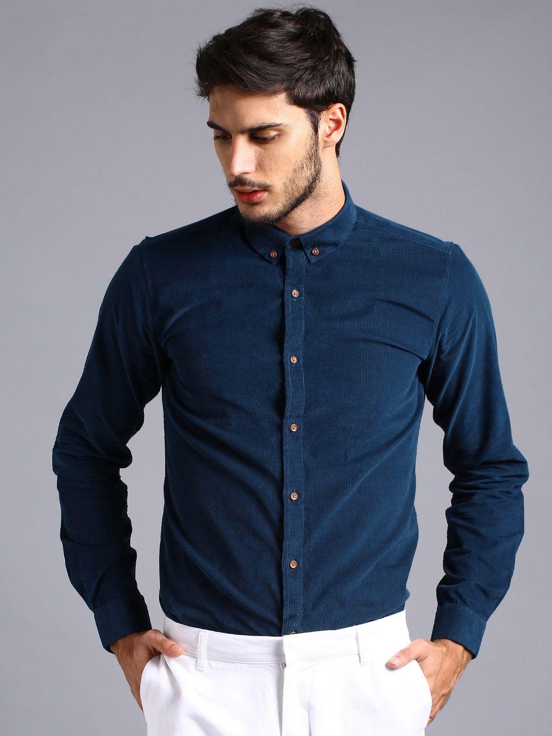 ether men navy blue slim fit antimicrobial corduroy shirt