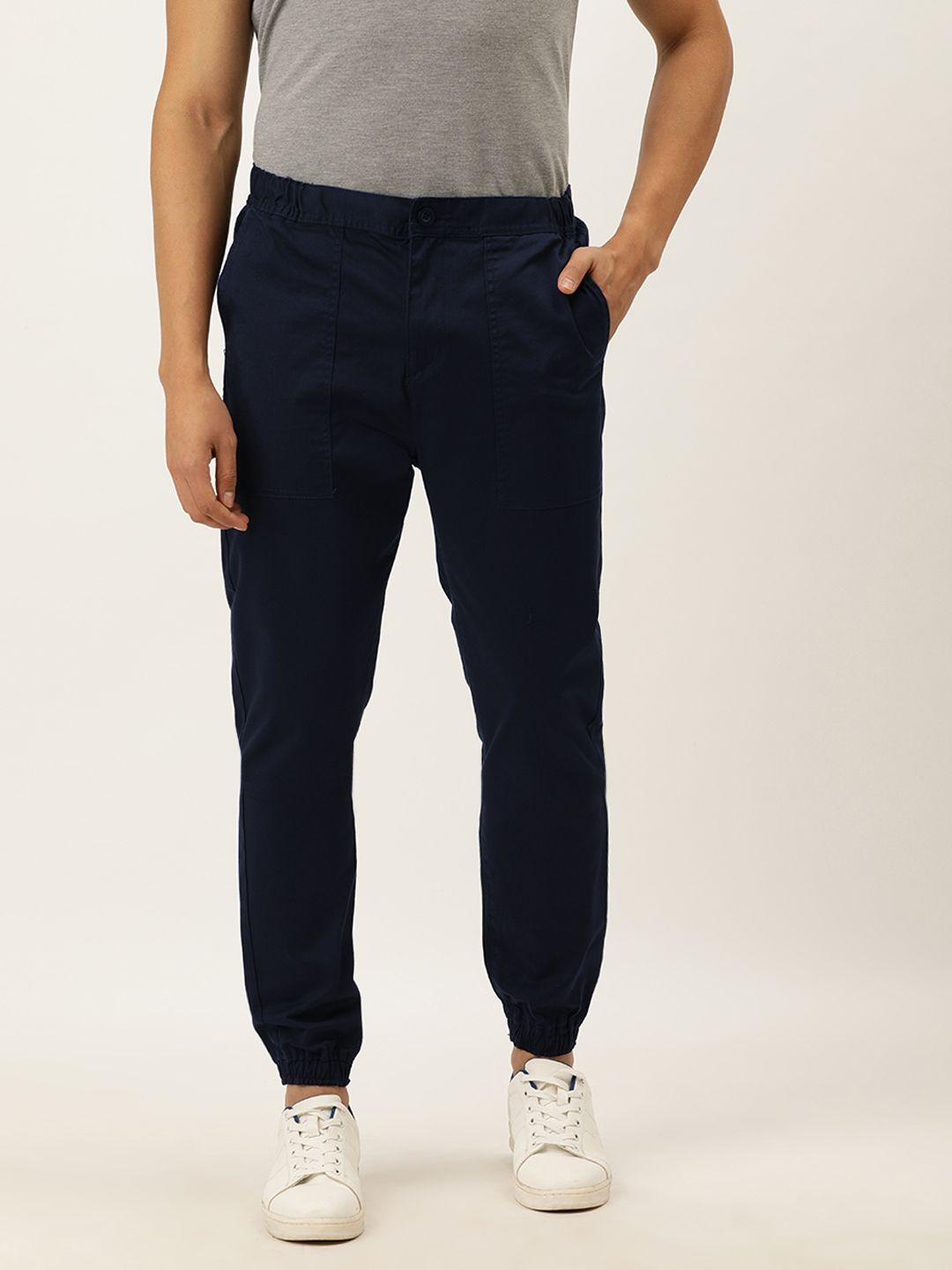 ether men navy blue slim fit joggers trousers