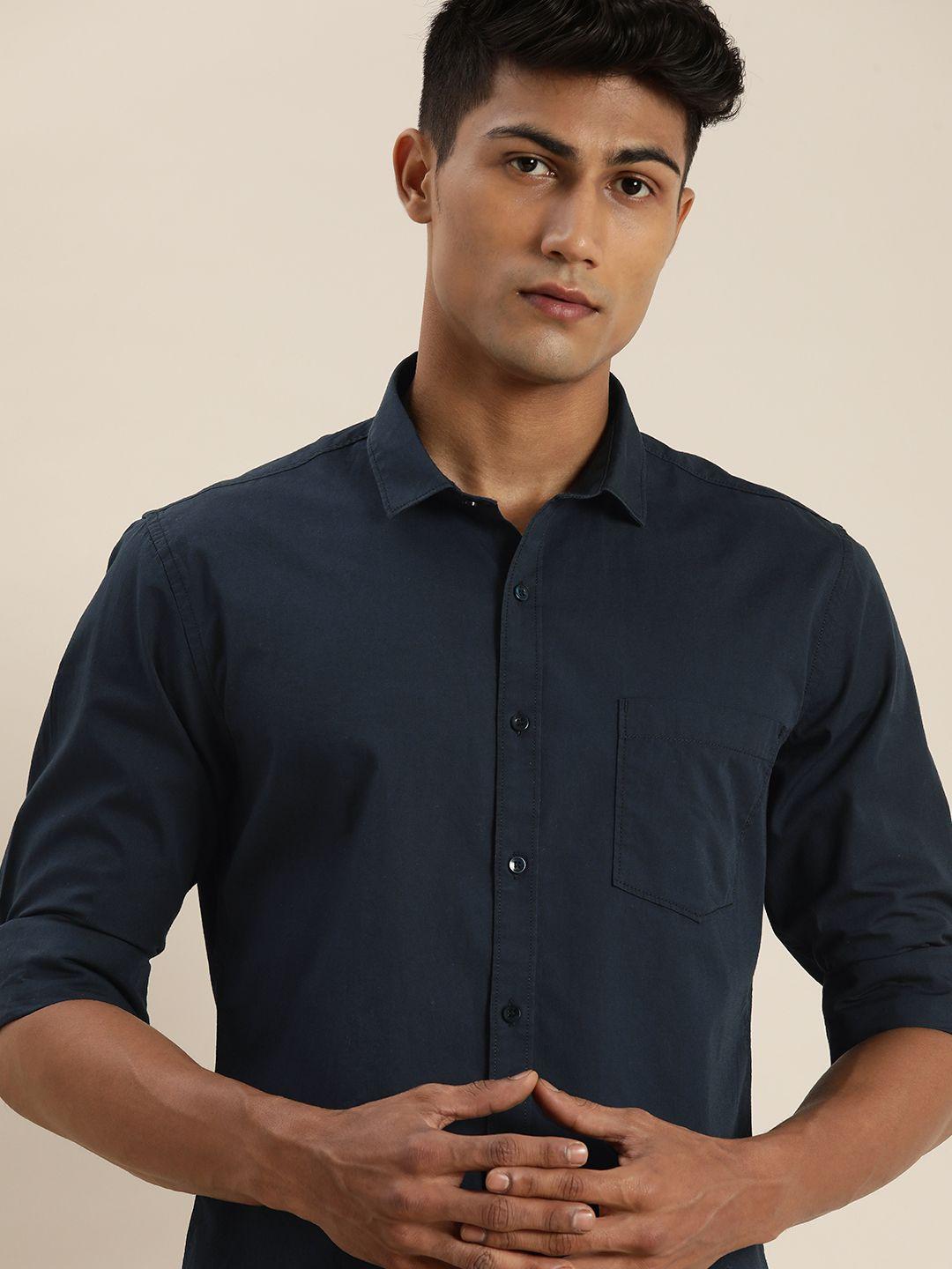 ether men navy blue solid casual shirt