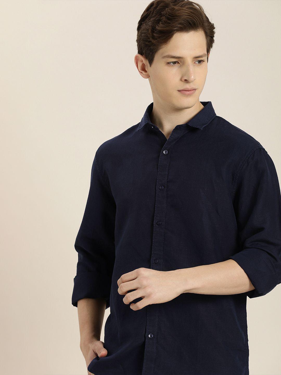 ether men navy blue solid casual shirt