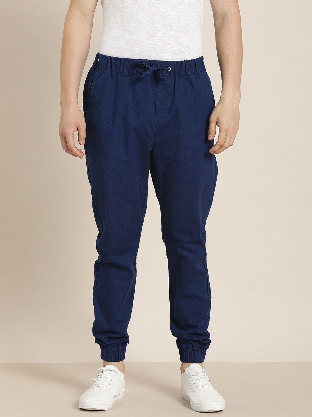 ether men navy blue solid jogger trousers