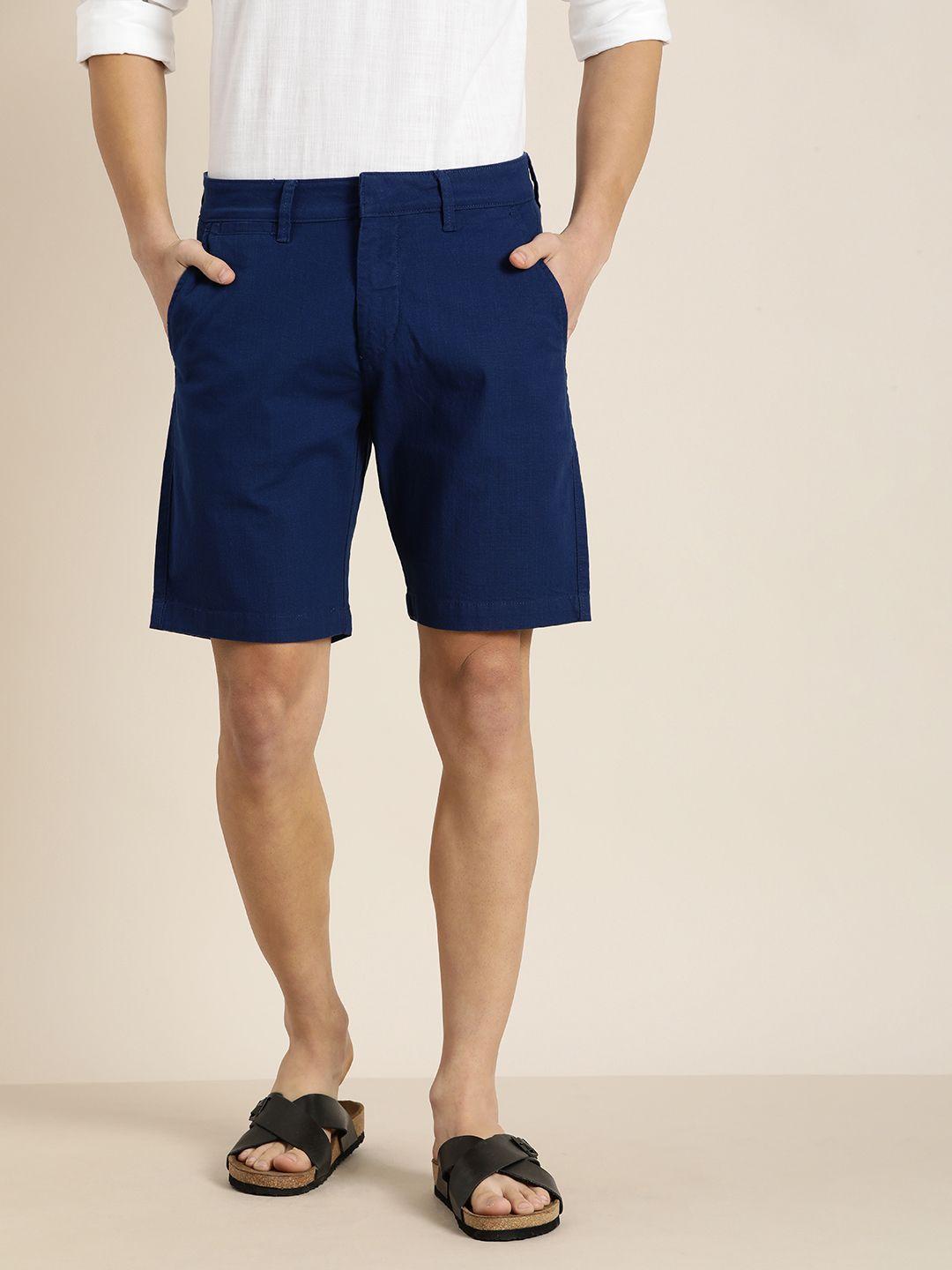 ether men navy blue solid regular shorts