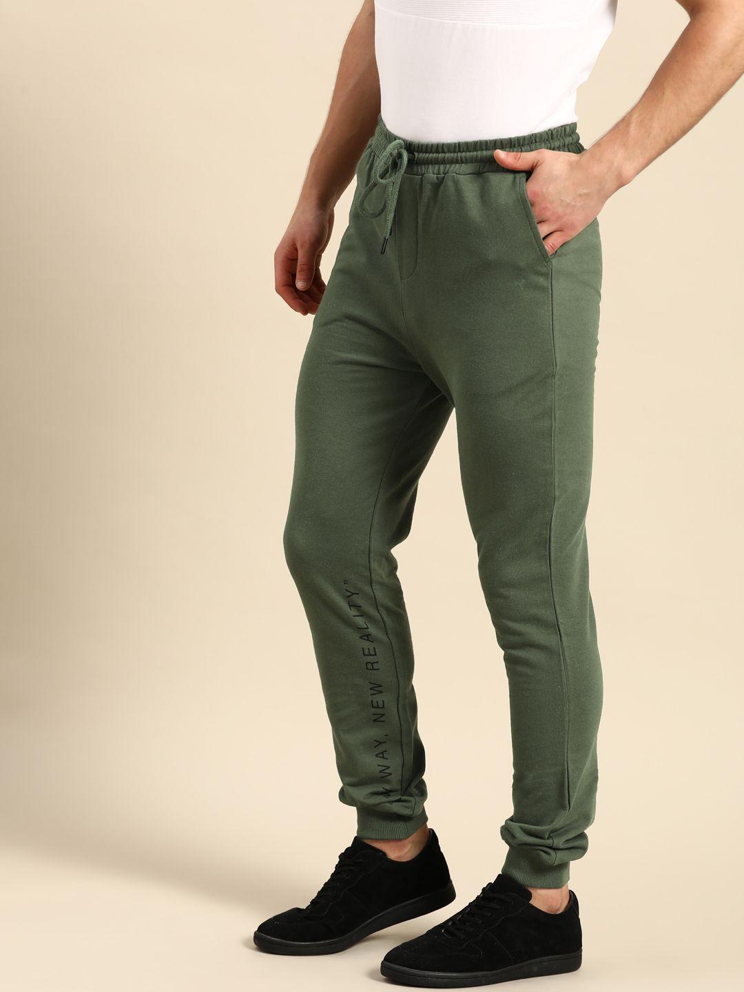 ether men olive green straight fit solid pure cotton joggers