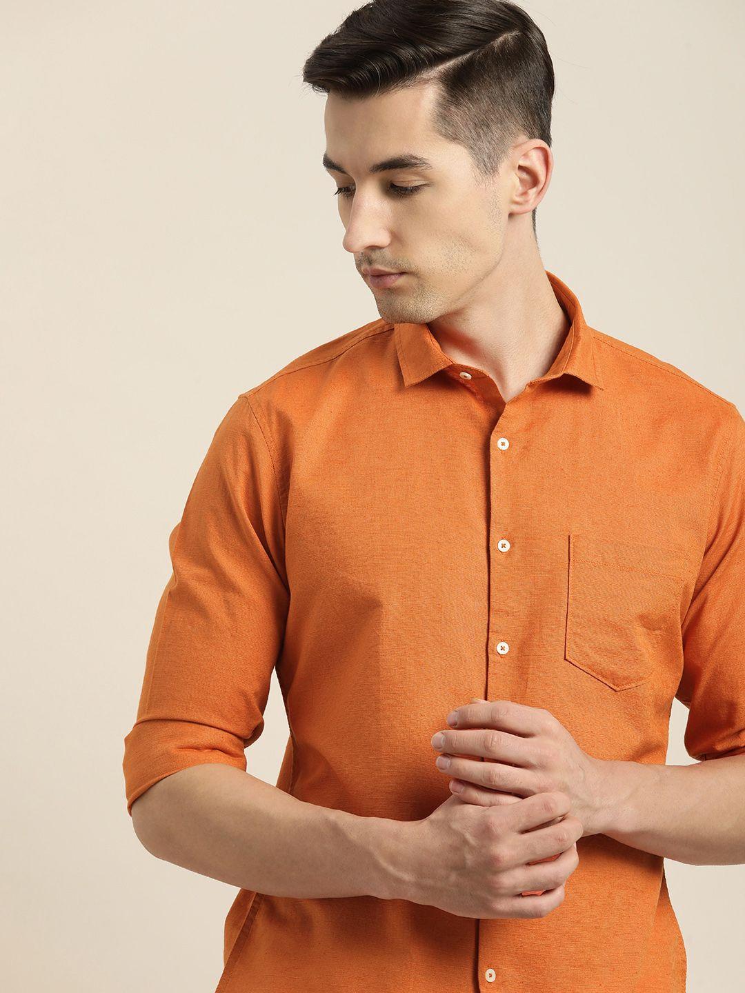 ether men orange solid cotton linen casual shirt