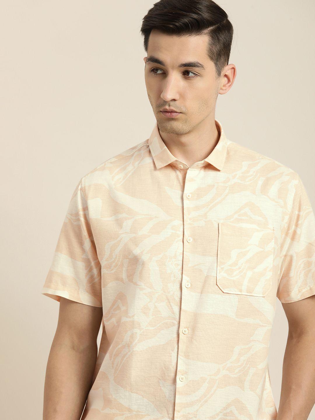 ether men peach-coloured slim fit printed cotton linen casual shirt