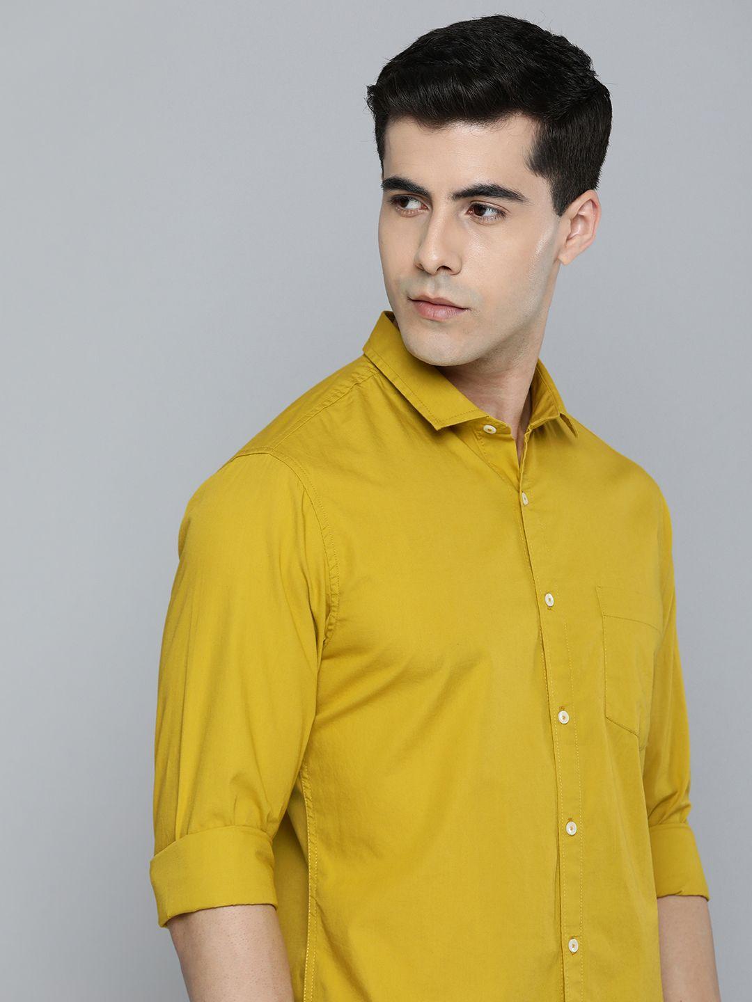 ether men pure cotton solid spread collar casual shirt