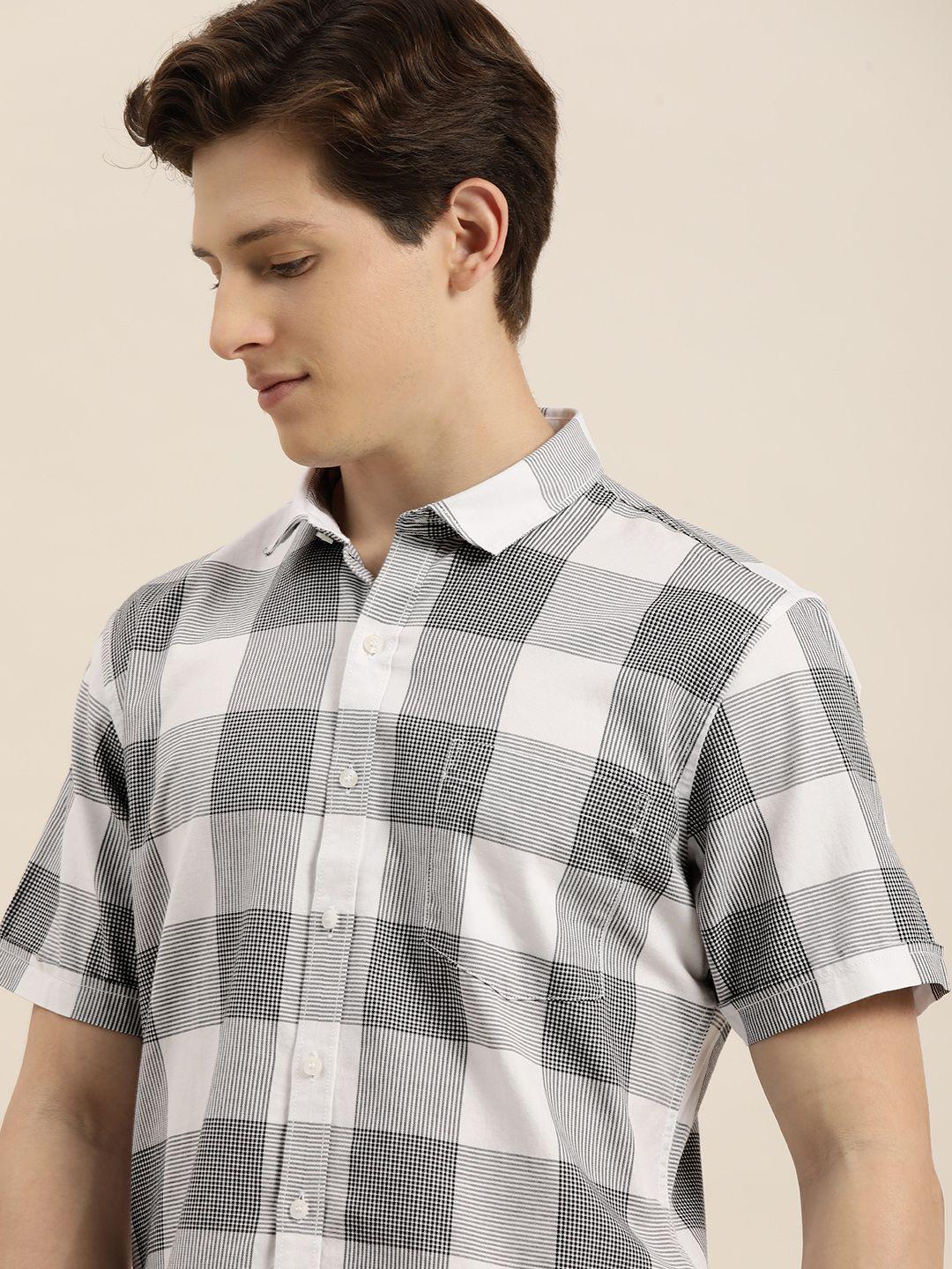 ether men white & black checked pure cotton casual shirt