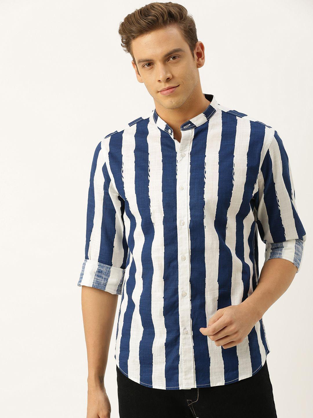 ether men white and navy blue regular fit striped casual shirt