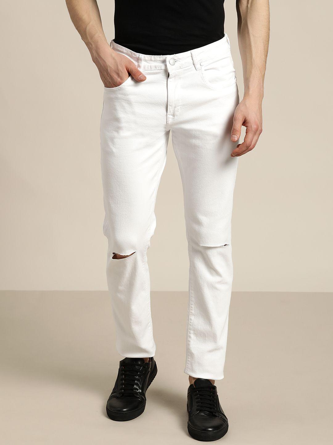 ether men white slim fit slash knee stretchable jeans