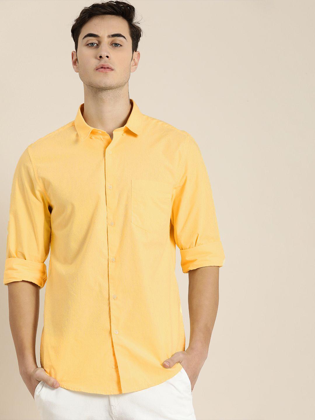 ether men yellow slim fit solid pure cotton casual shirt