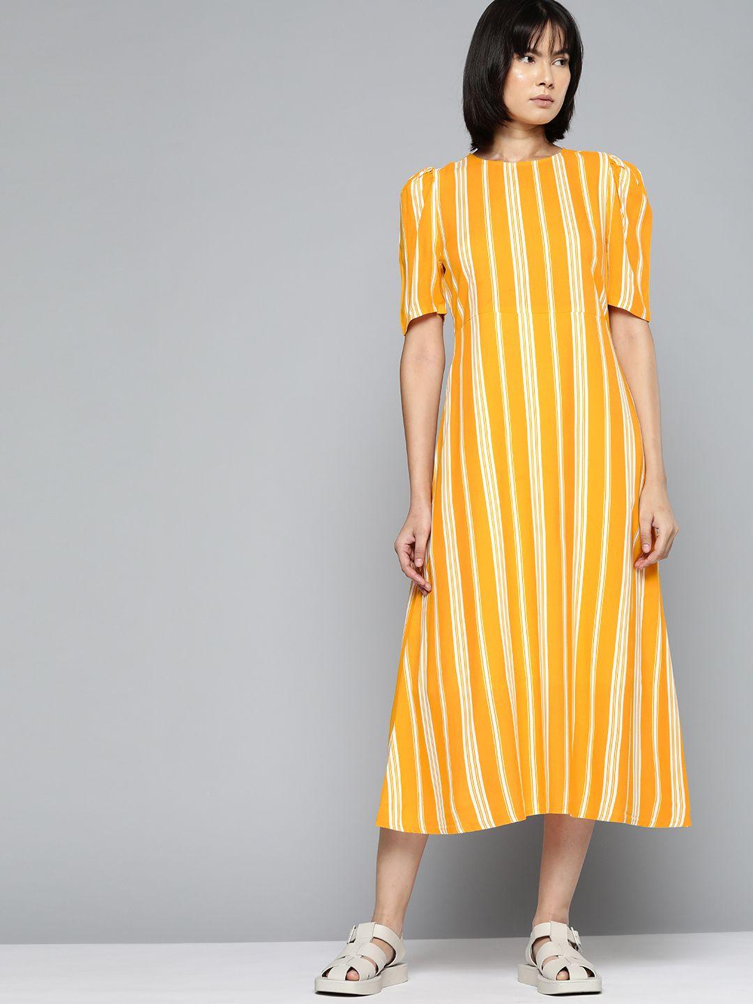 ether mustard yellow & white striped a-line midi dress