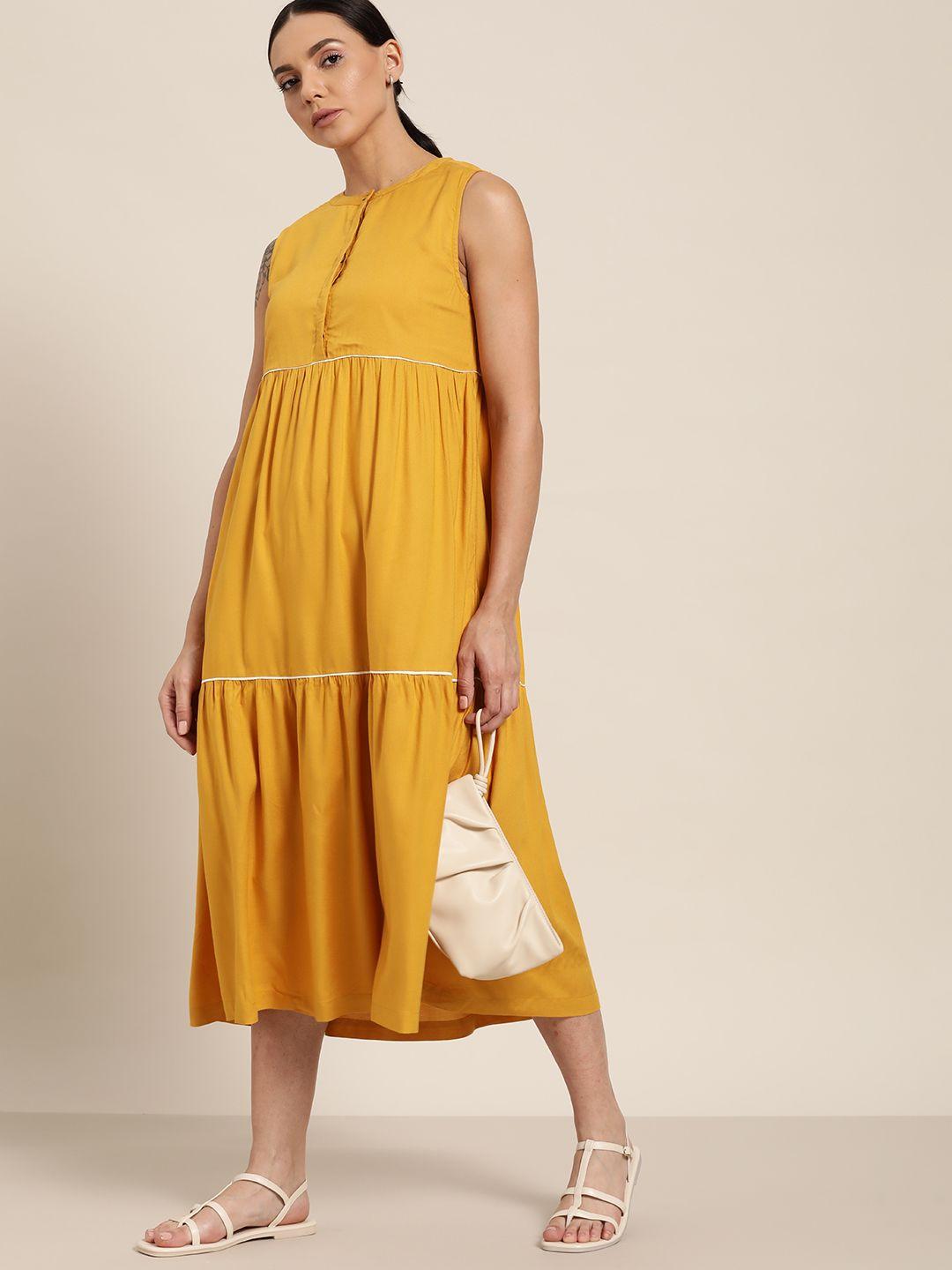 ether mustard yellow a-line midi tiered dress