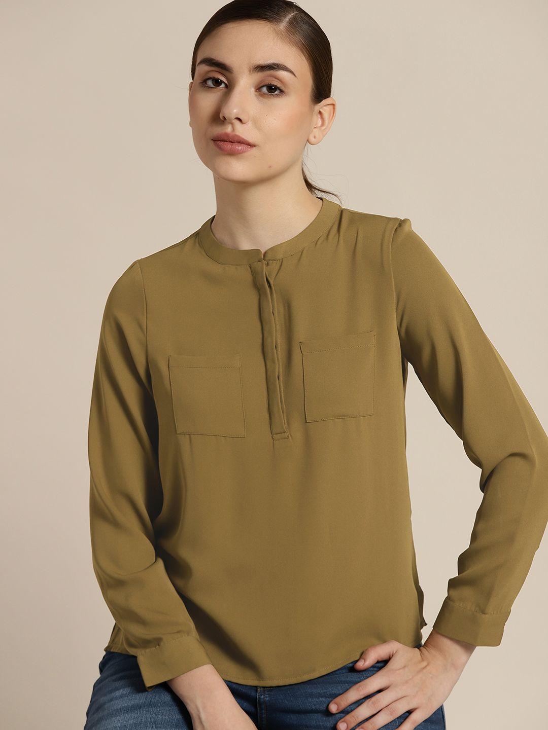 ether olive green mandarin collar shirt style top