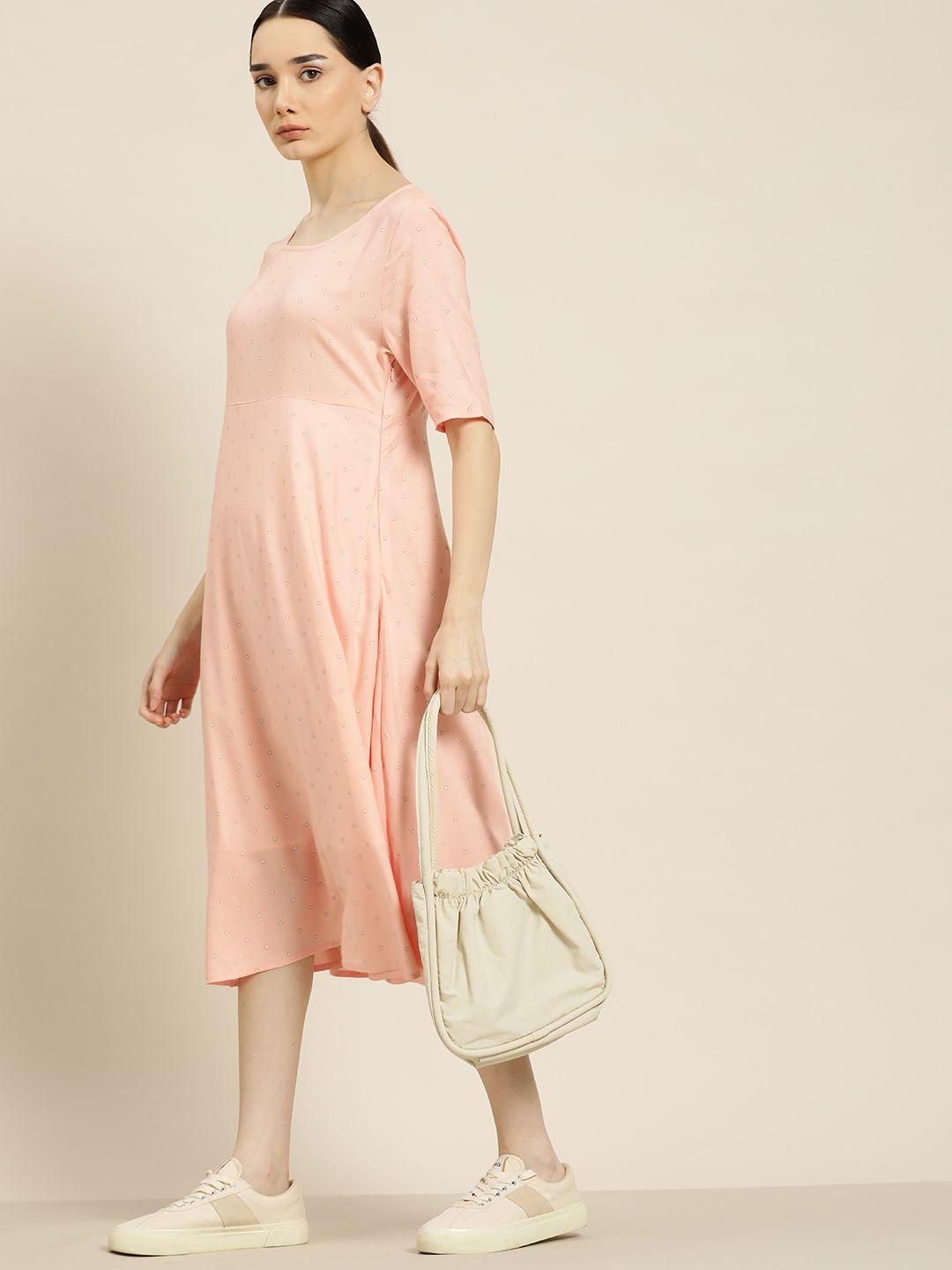 ether peach-coloured printed a-line midi dress