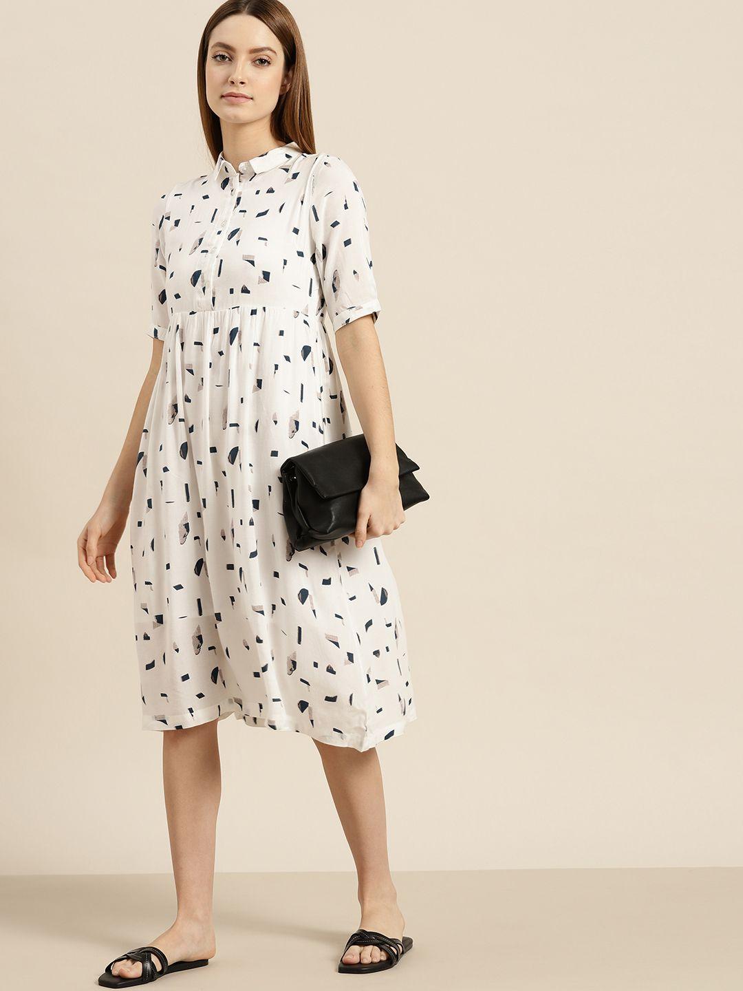 ether white and navy blue printed shirt dress