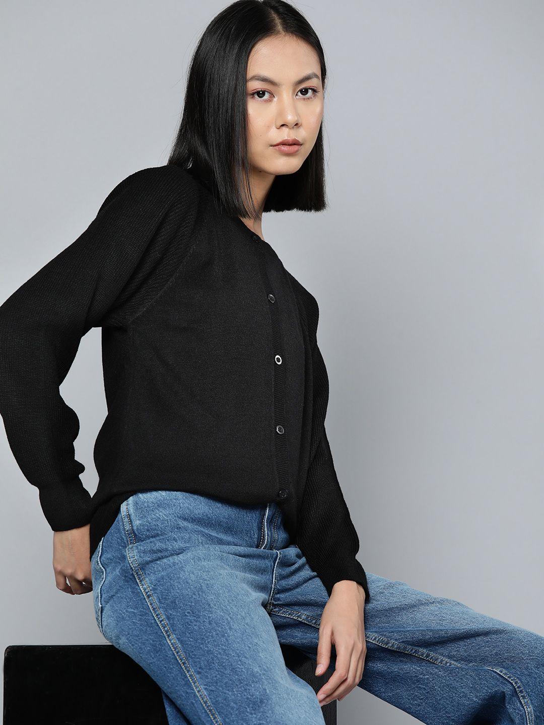 ether women black solid acrylic raglan sleeves cardigan