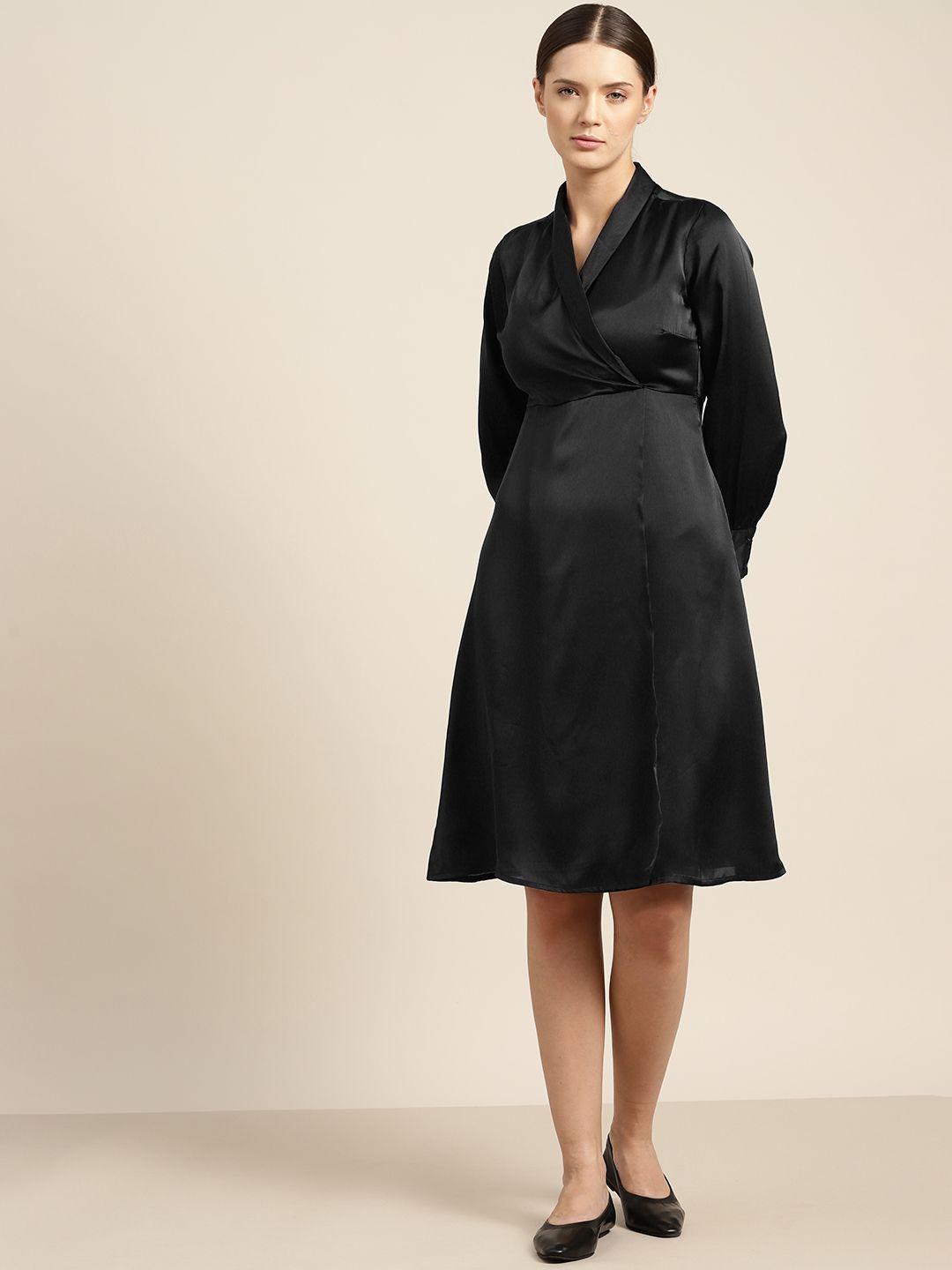 ether women black solid wrap dress