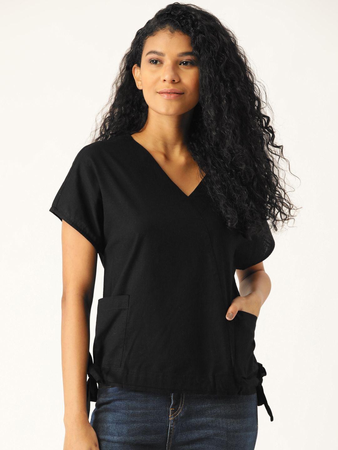 ether women black solid wrap pure cotton top