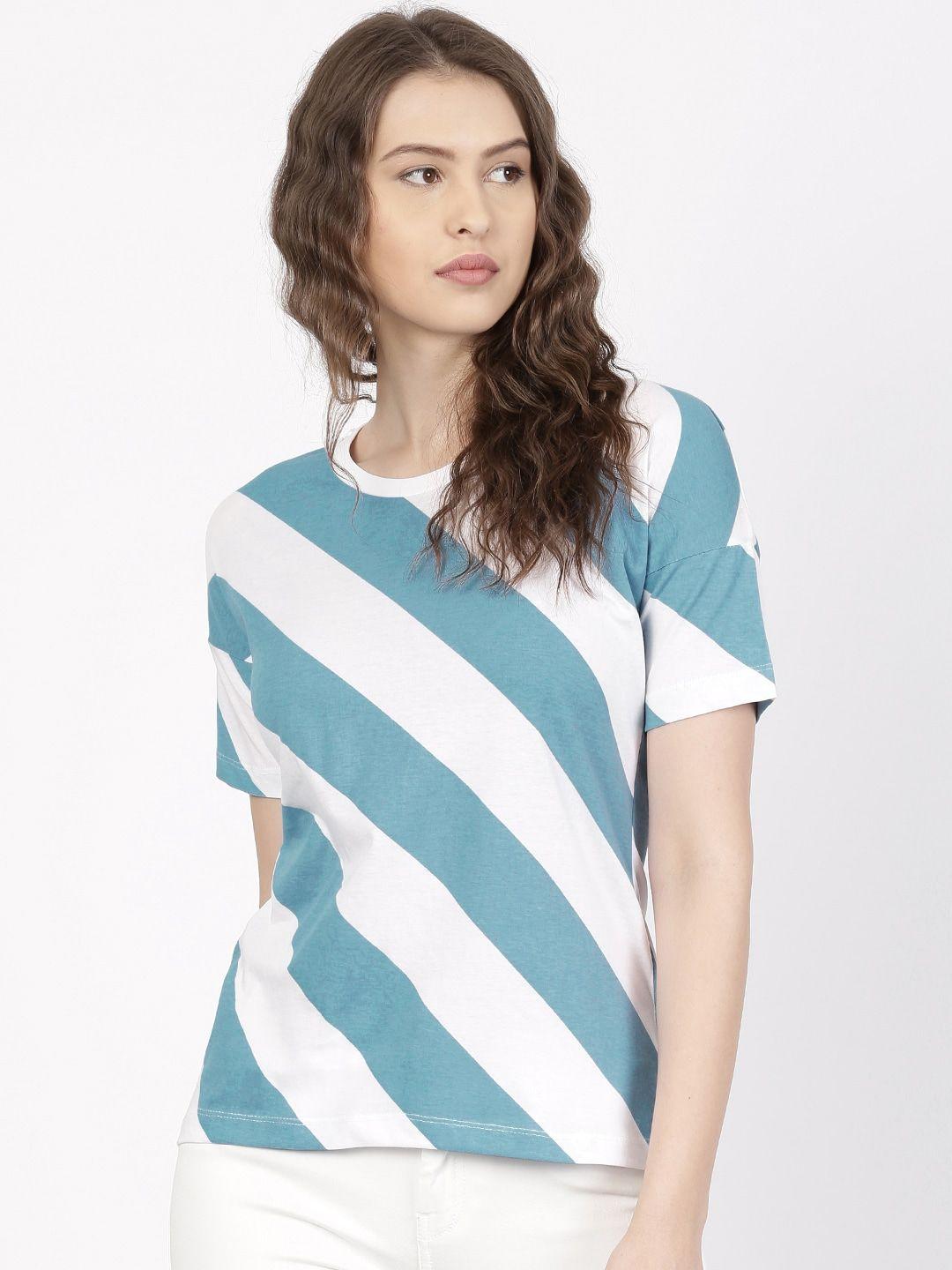 ether women blue  white diagonal striped round neck drop shoulder pure cotton t-shirt