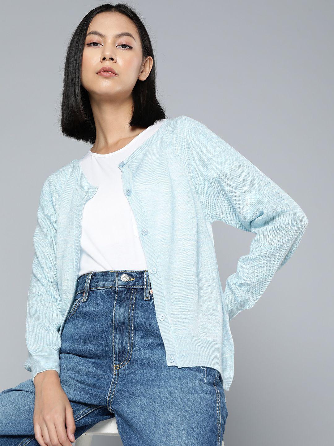 ether women blue solid acrylic raglan sleeves cardigan