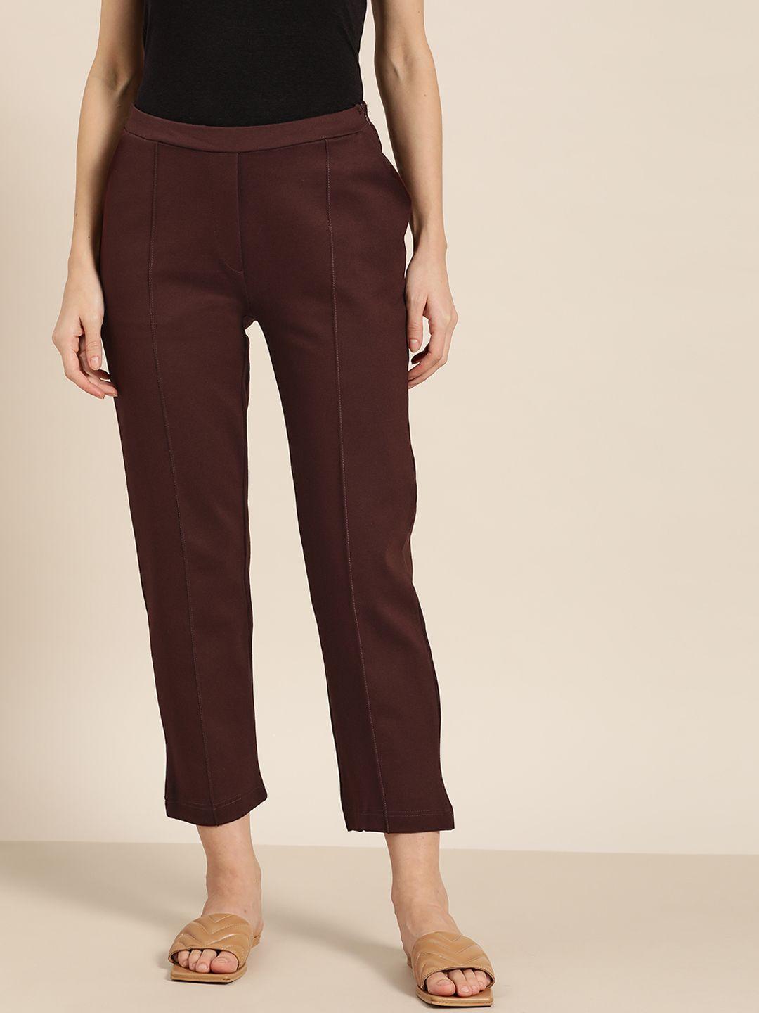 ether women burgundy solid  cigarette trousers