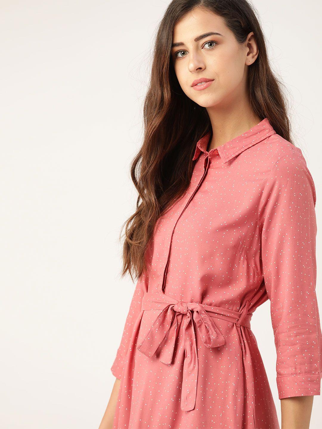 ether women coral pink printed shirt dress with belt