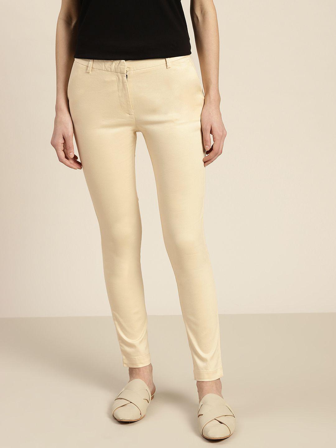 ether women cream-coloured pure cotton skinny fit trousers