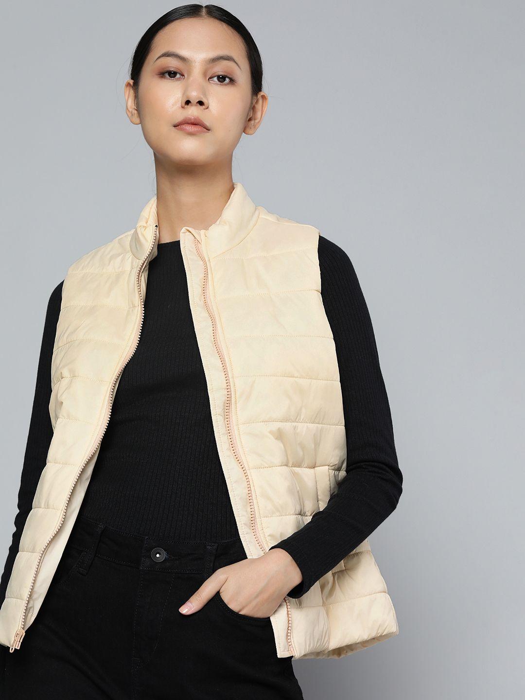 ether women cream-coloured solid sleeveless padded jacket