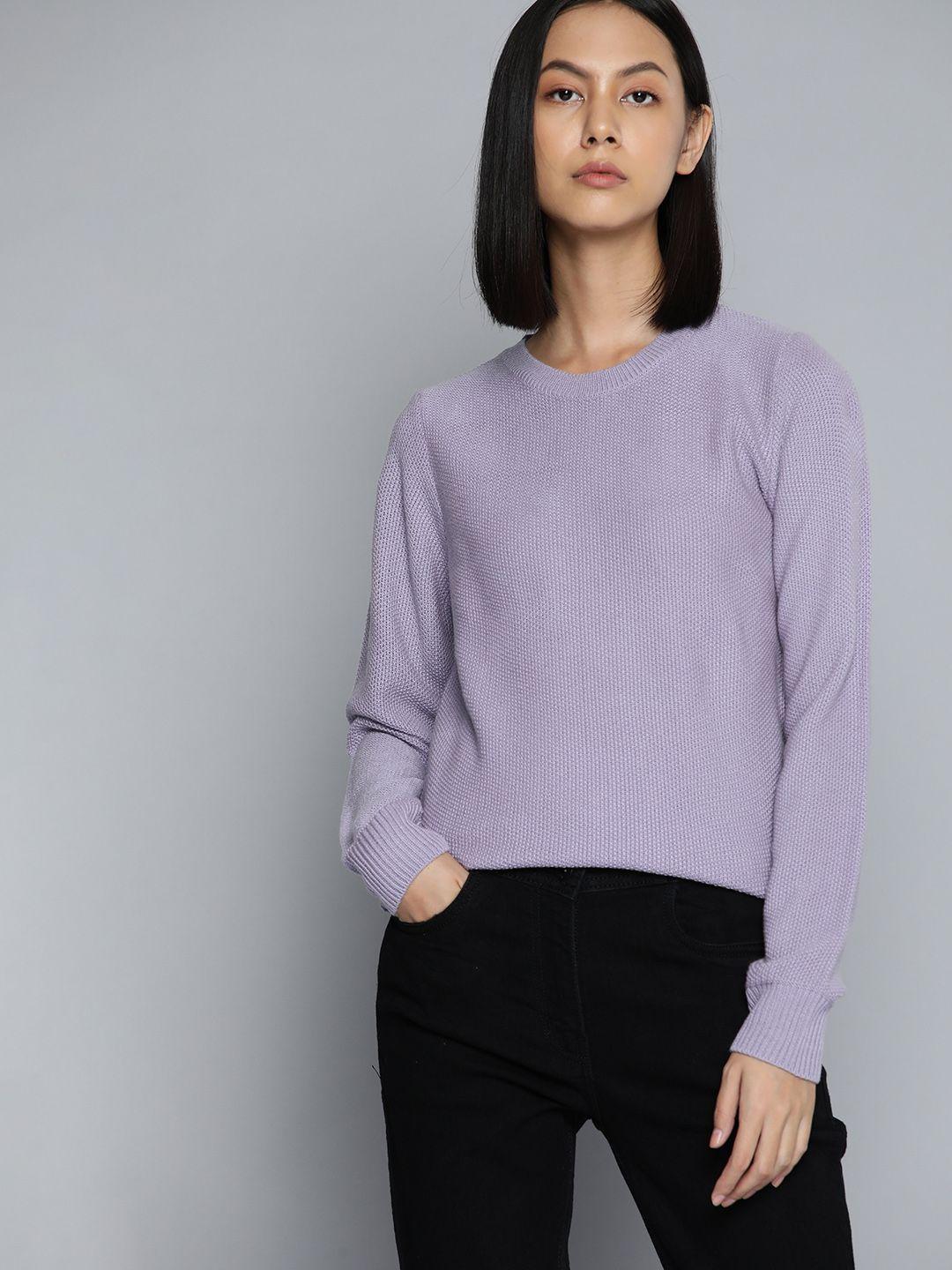 ether women lavender self design cable knit pullover