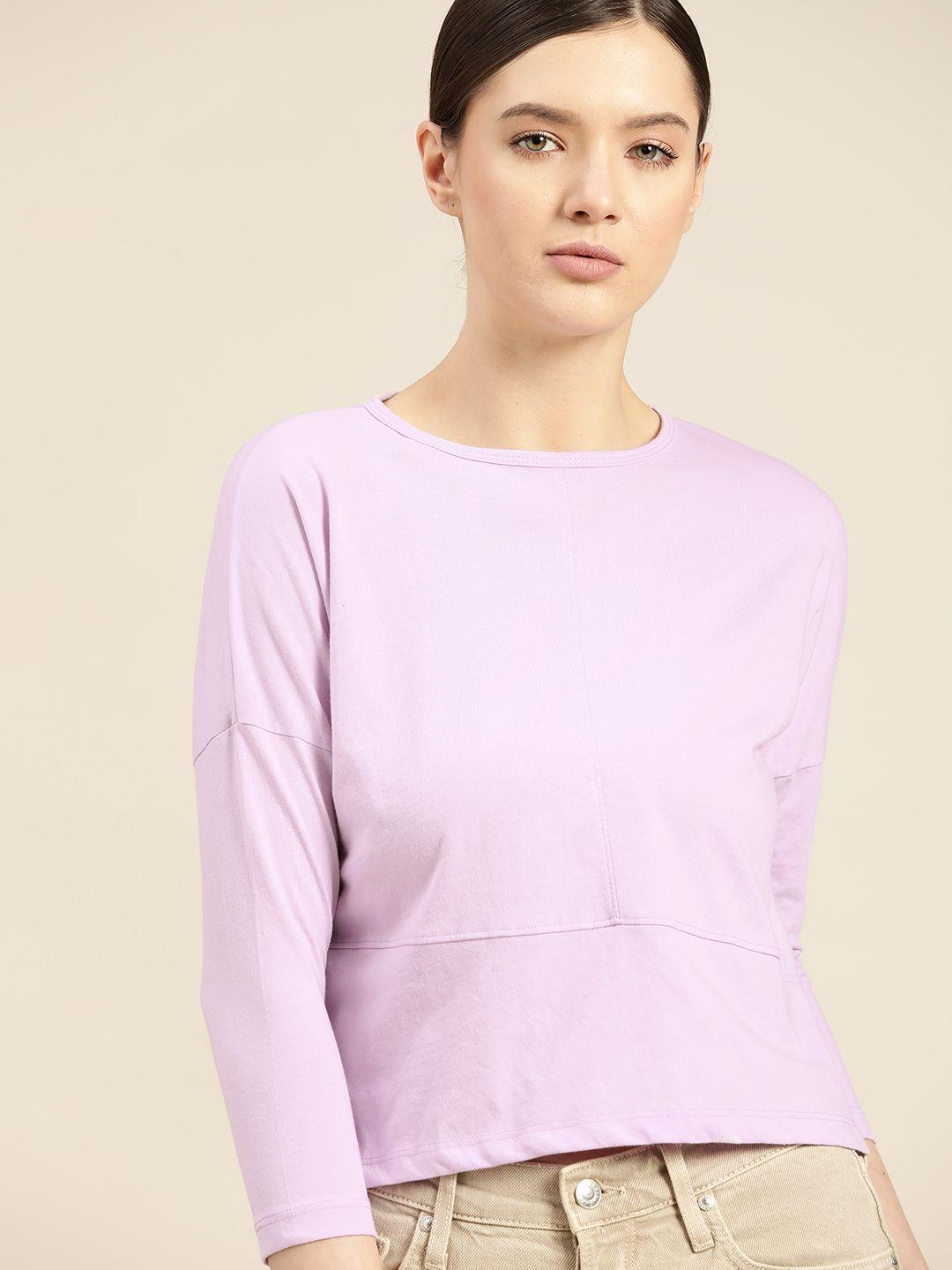 ether women lavender solid drop-shoulder sleeves t-shirt