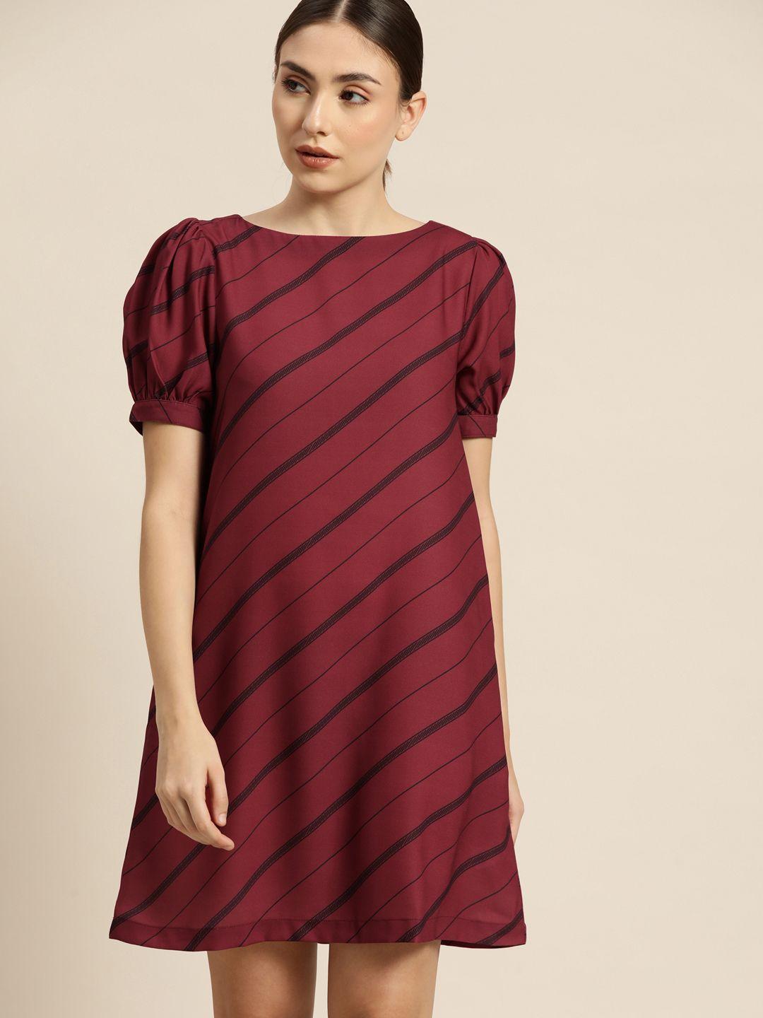 ether women maroon & black striped a-line dress
