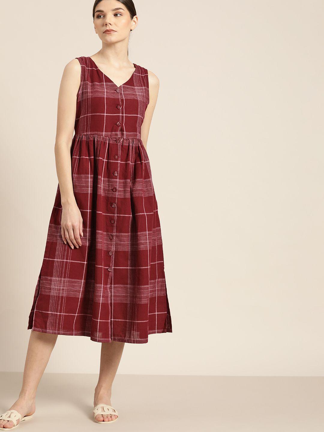 ether women maroon & pink pure cotton checked a-line dress